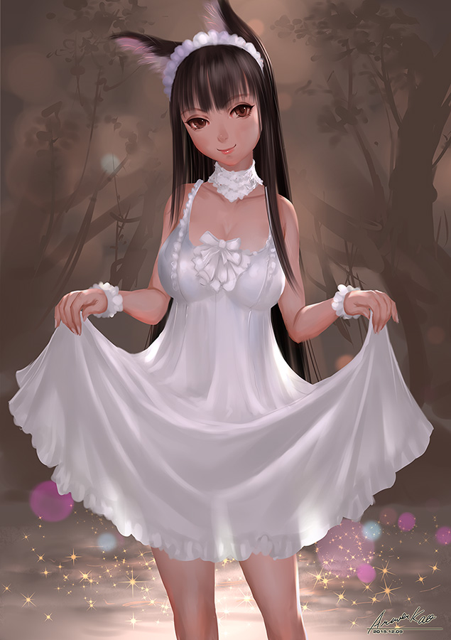 Фото Темноволосая девушка-нэко в белом платье стоит в воде, by ariverkao