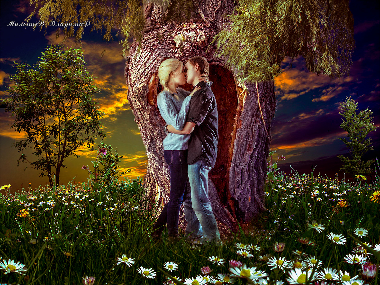 Фото Девушка целуется с парнем около старого дерева