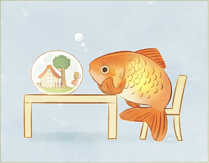 Фото Золотая рыбка наблюдает за девочкой в аквариуме, by a y u