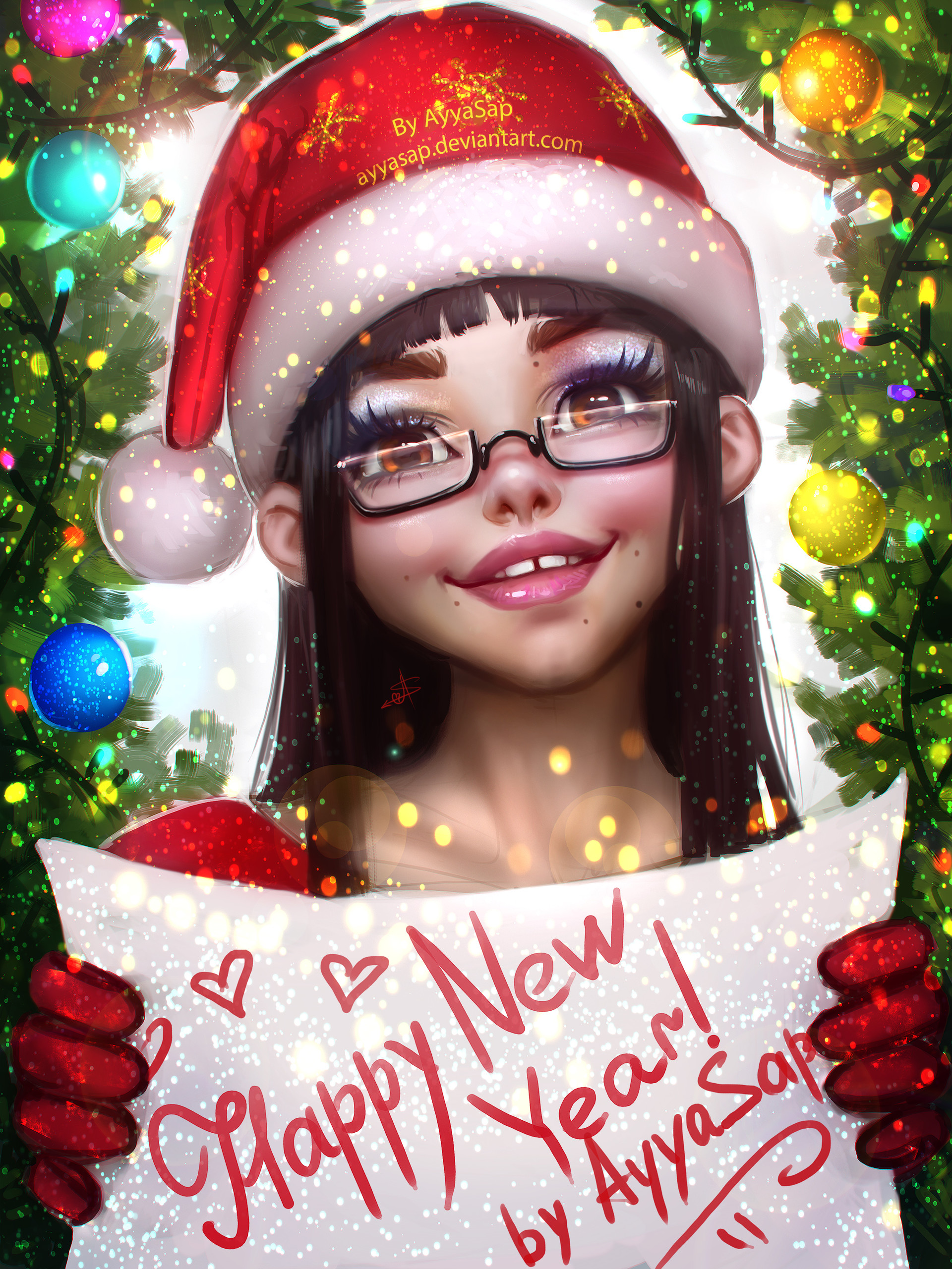Фото Девушка в очках, в костюме Санта Клауса, улыбаясь стоит пред новогодней елкой с украшениями и держит в руках листок с поздравлением и подписью автора рисунка / Happy New Year! by AyyaSap (С Новым Годом!), by AyyaSaparniyazova