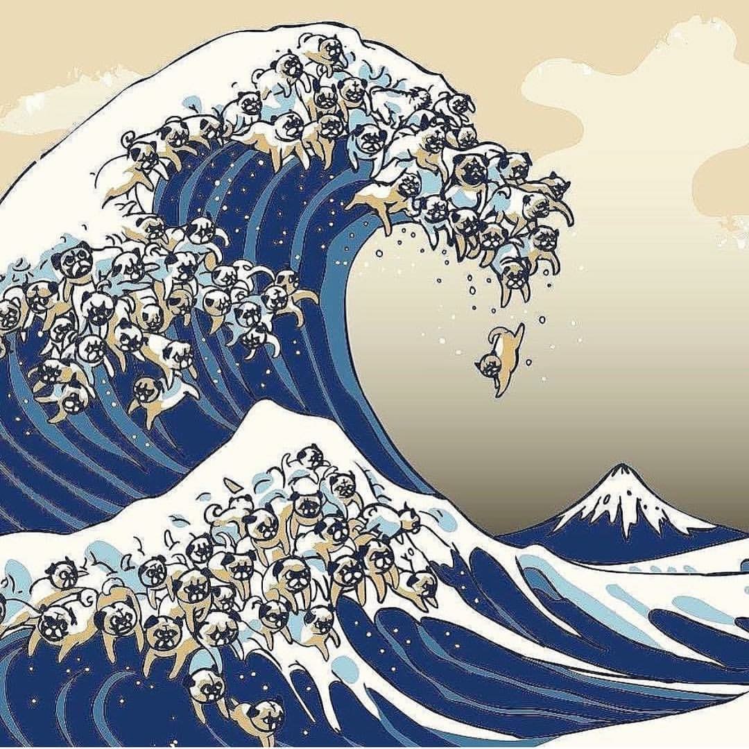 Фото Морская волна со множеством щенков вместо пены, пародия на известную картину  Большая волна в Канегава японского художника Кацусика Хокусая