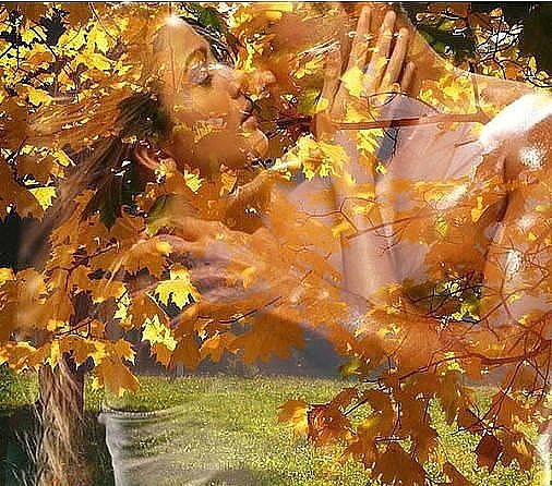 Фото Образ мужчины и женщины, целующихся в золоте осенних листьев