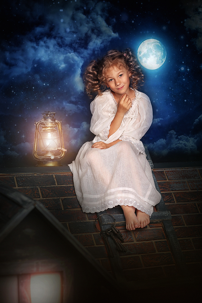 Фото Девочка сидит на крыше дома, рядом горит фонарь, светит луна, на ночном небе звезды