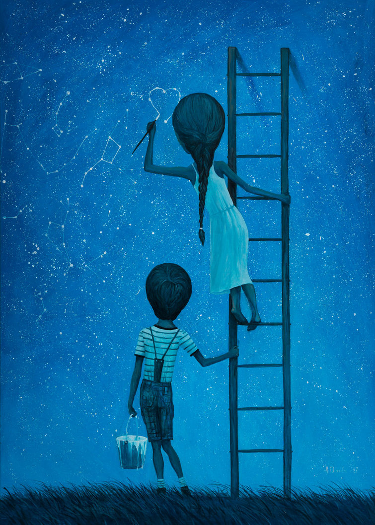 Фото Девочка на звездном небе рисует сердечко, стоя на лестнице, которую придерживает мальчик, by borda