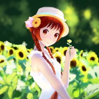 Фото Марика Тачибана / Marika Tachibana в шляпке держит в руке цветок из аниме Притворная любовь / Nisekoi на фоне желтых цветов, by qosic