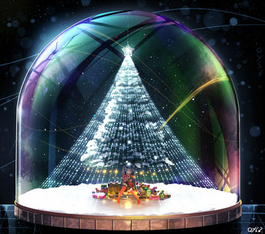 Фото Vocaloid Hatsune Miku / Вокалоид Хатсунэ Мику спит, сидя в снегу среди подарков под елкой, by &;&;QYS3