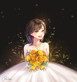Фото Счастливая девушка в свадебном платье держит в руках букет из желтых роз, by hieihirai