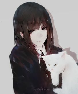 Фото Девушка с белой кошкой, by Aoi Ogata