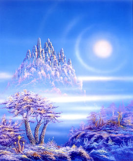 Фото Сказочный зимний вид, замок, деревья в снегу, небо, солнце