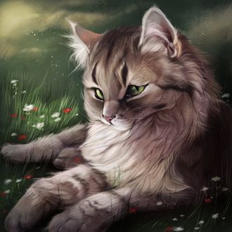 Фото Пушистая кошка с зелеными глазами лежит на траве, by Pixxus