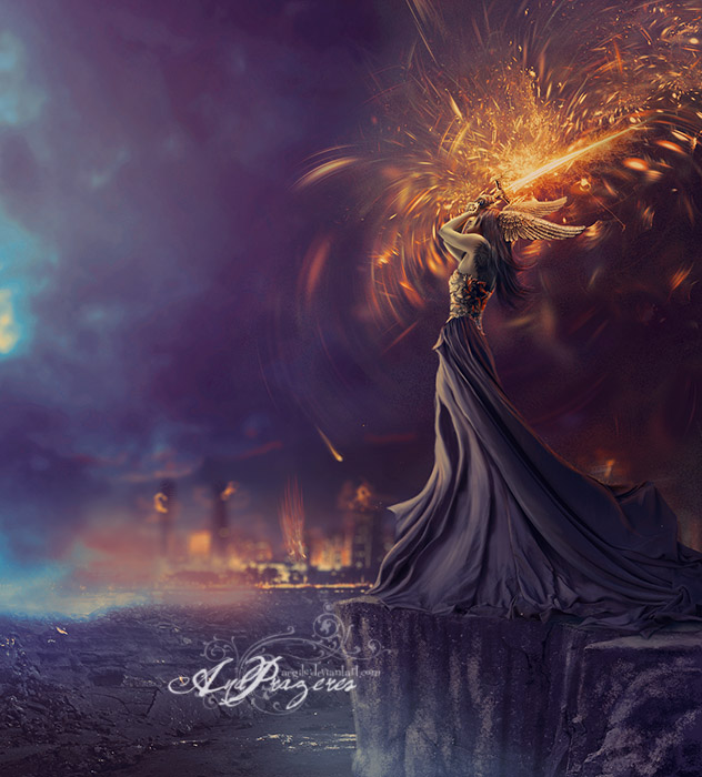 Фото Девушка -воин с крыльями на голове, с волшебным сияющим мечом стоит на обрыве, на фоне горящего города, by Aegils