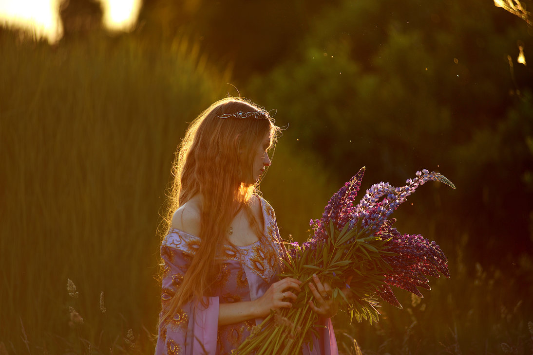 Девушка в поле держит в руках букет люпинов, by Aquilina-das