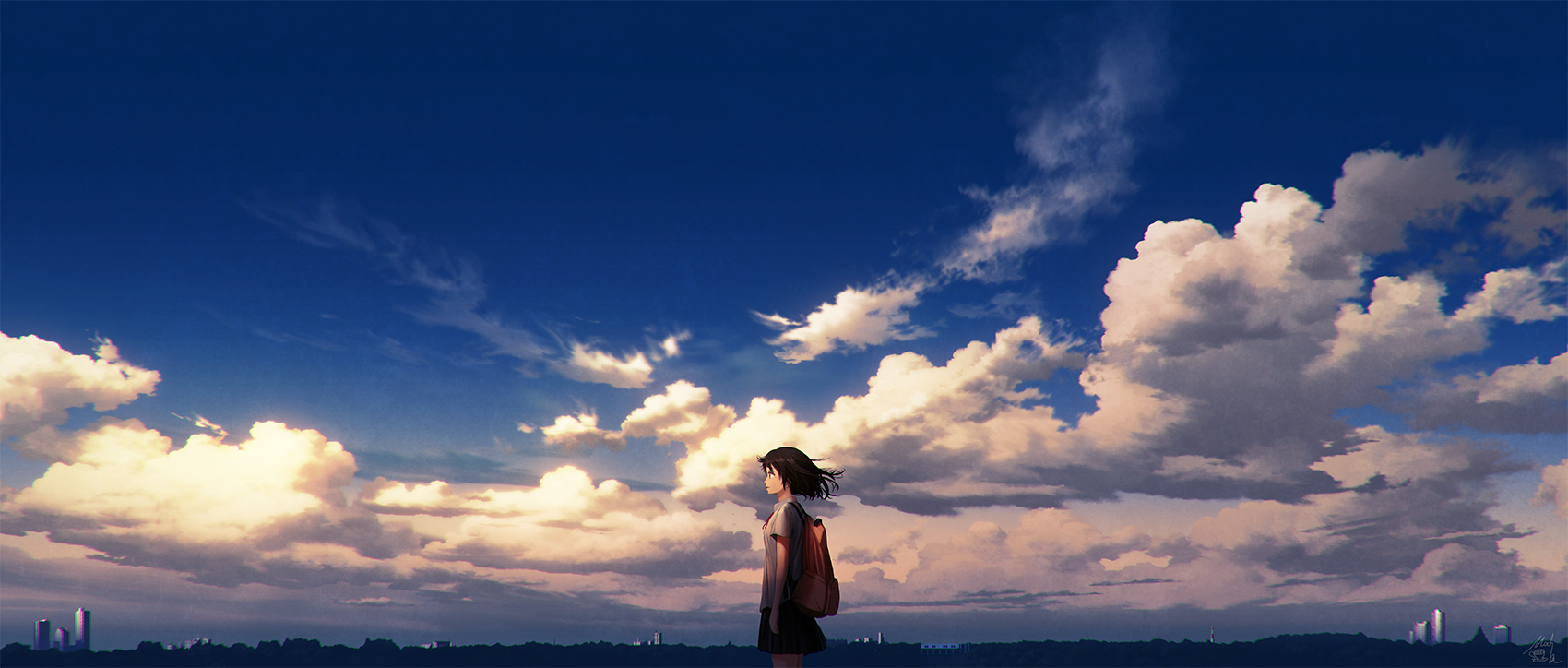 Фото Девушка в школьной форме на фоне облачного неба, by mocha