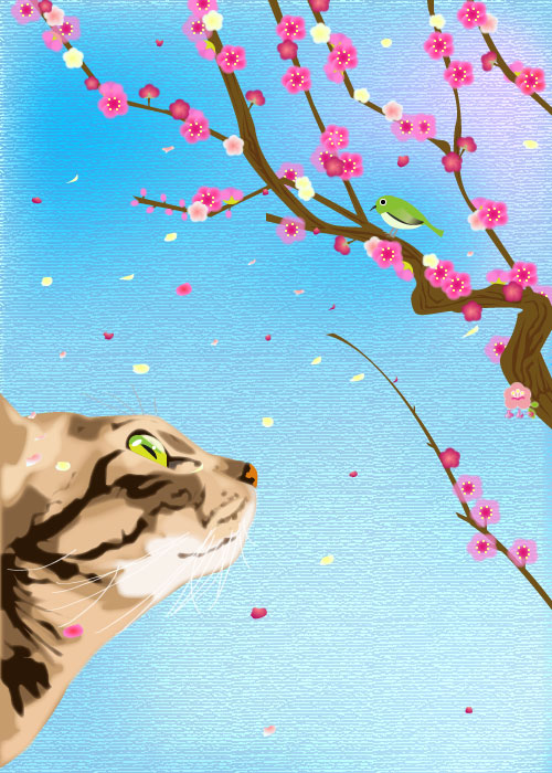 Фото Полосатая кошка смотрит на птичку в ветвях сакуры, by tamaki