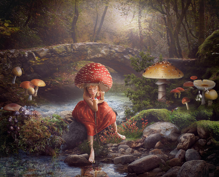 Фото Девочка на голове в шляпке мухомора сидит в мистическом лесу у ручья, держа на руке большую божью коровку, by Cindy Grundsten