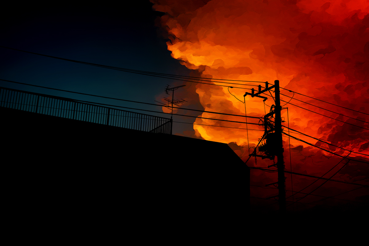 Фото Линии электропередач на фоне огненного облака