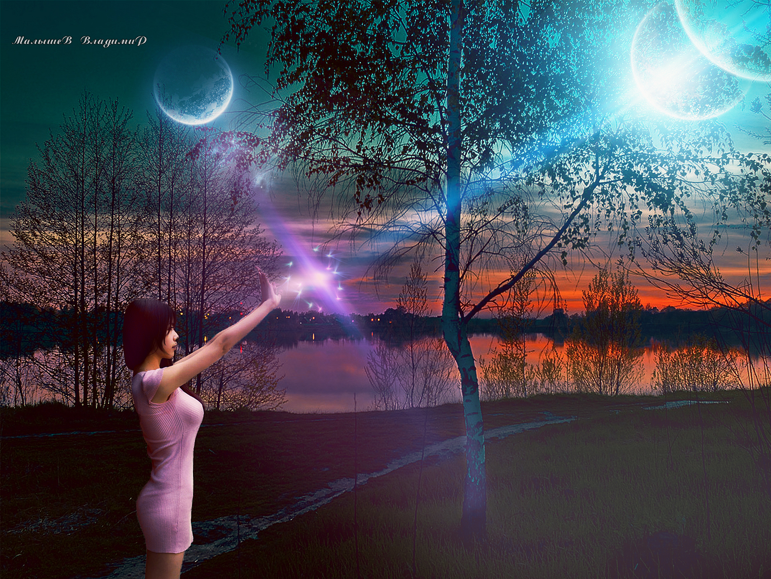 Фото Девушка в розовом платье соединяет лучи планет на закате