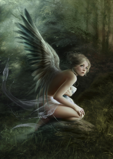 Фото Полуобнаженная девушка- ангел сидит на камне на фоне леса, by Melanie Delon