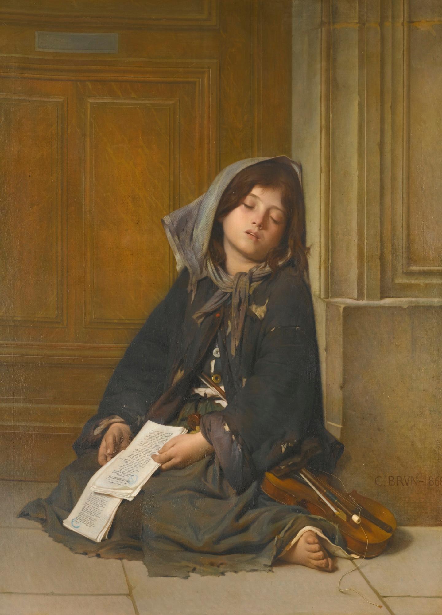 Фото Спящая девочка в углу у стены в рваной одежде со смычком и скрипкой с оборванными струнами, Guillaume Charles Brun