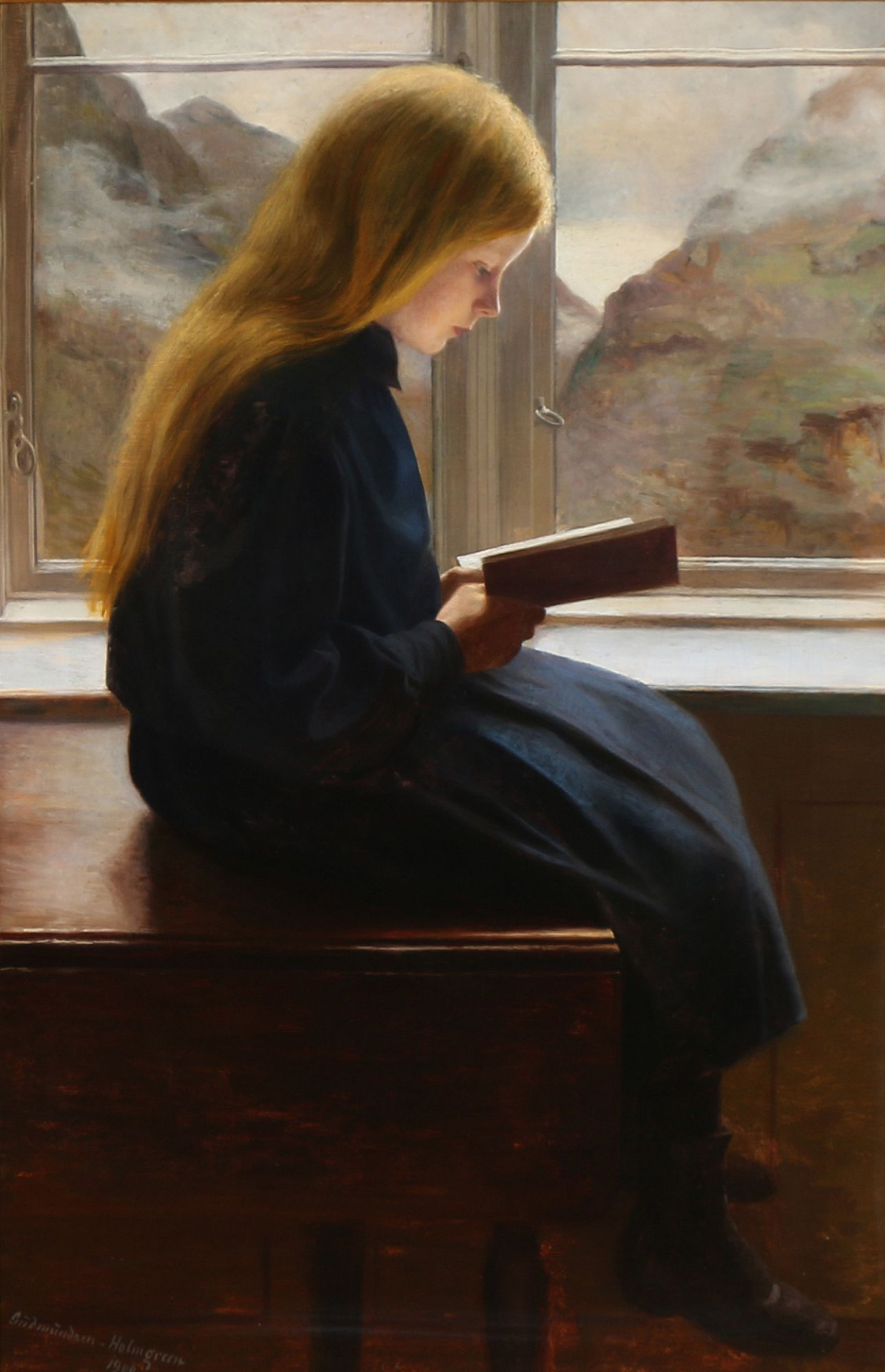 Фото Рыжеволосая девочка сидящая на столе у окна с видом на горный пейзажа читает книгу, by Johan Gudmundsen-Holmgreen