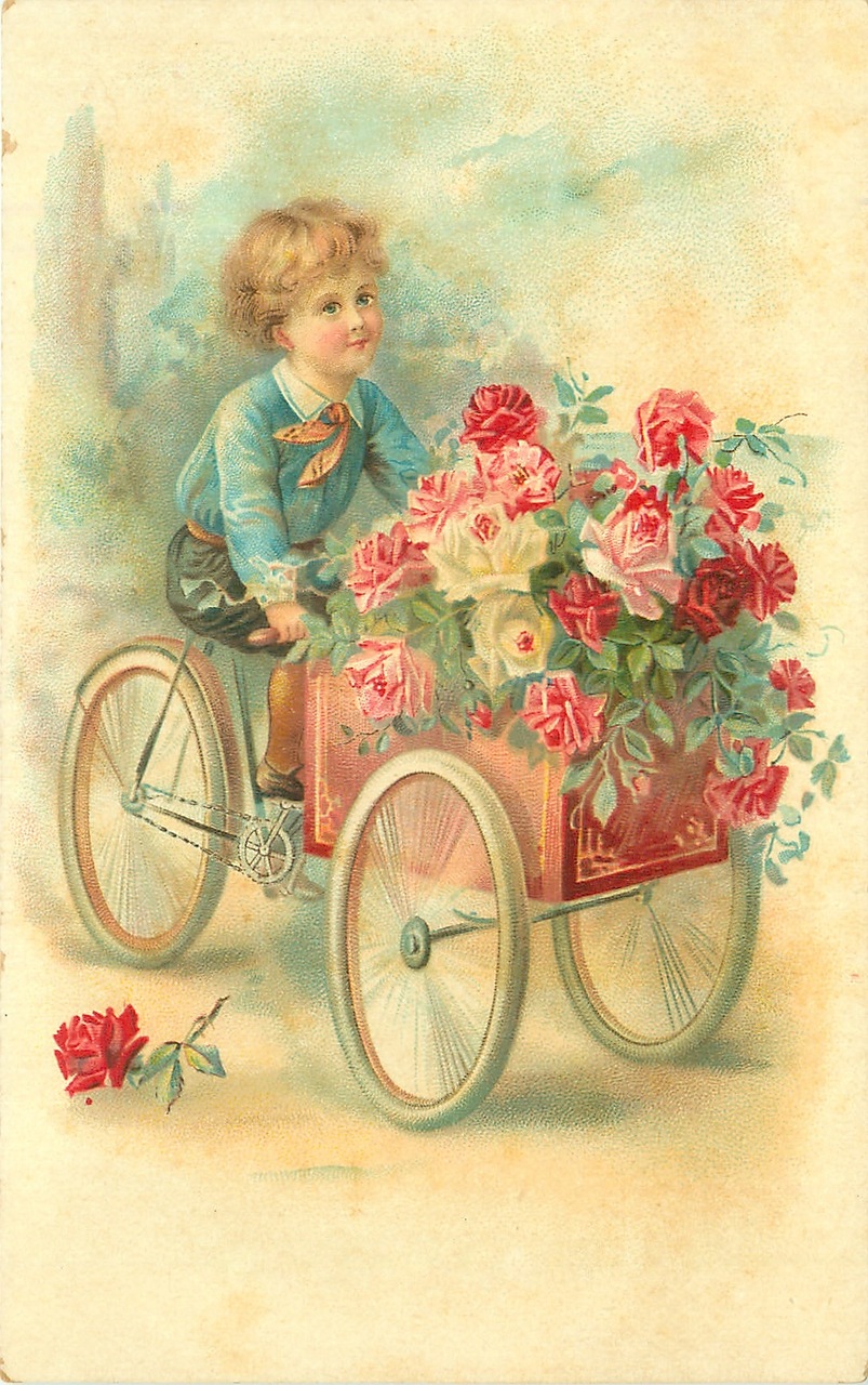 Фото Мальчик катит коляску, наполненную цветами