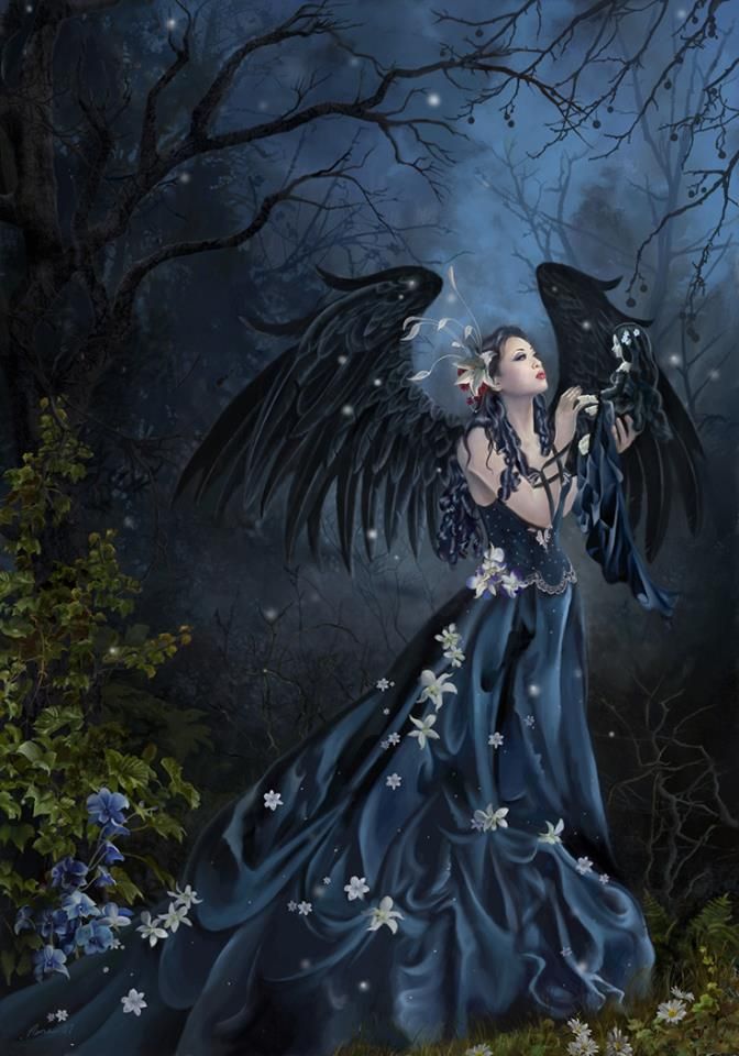 Фото Девушка чернокрылый ангел в длинном платье, украшенном цветами, стоит в мистическом лесу, держа в руке куклу, by Nene Thomas