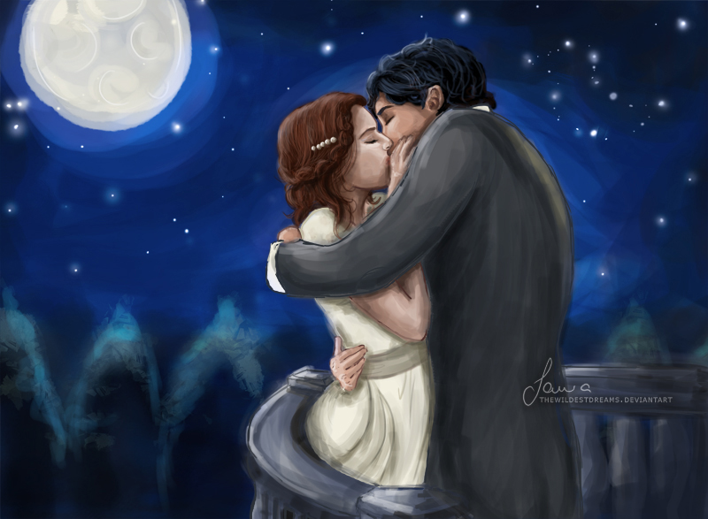 Фото Влюбленные целуются на фоне ночного неба и луны