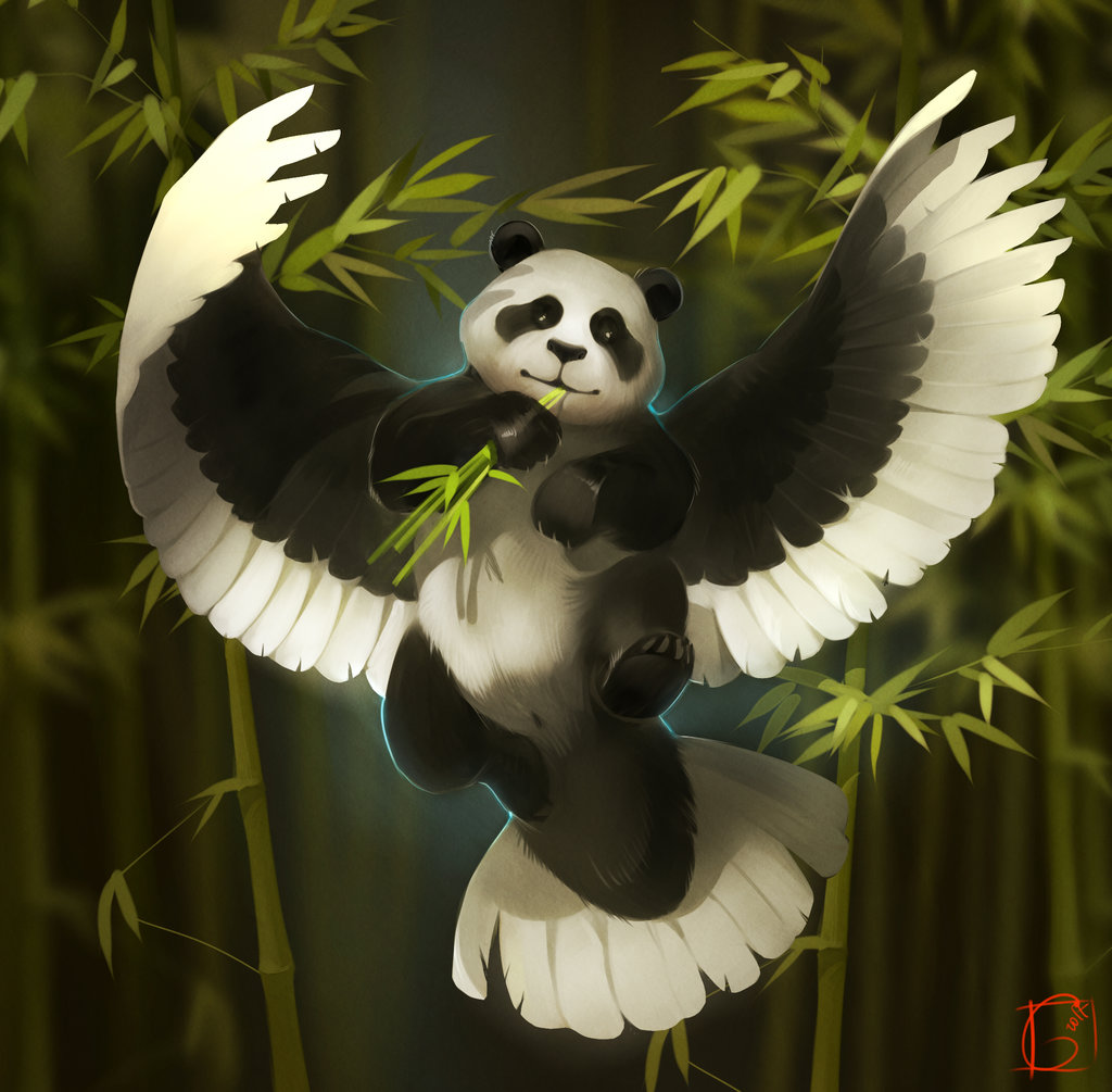 Фото Панда с крыльями держит в лапе бамбуковые веточки, by GaudiBuendia