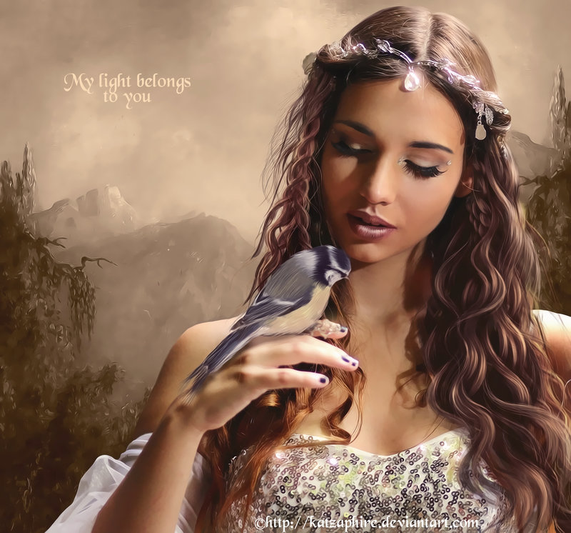 Фото Девушка с украшениями на волосах держит птицу на руке на фоне горного пейзажа, by katzaphire