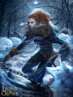 Фото Персонаж игры Легенда Криптиды / Legend Of The Cryptids на ледяной аллее с цепями в руке, в окружении белых фантастических волков, на зимнем фоне, by &;&; &;