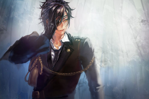 Фото Shokudaikiri Mitsutada в воннай форме из игры Touken Ranbu / Танец Мечей, art by Yamakawa Umi