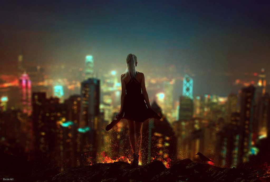 Фото Девушка стоит на фоне ночного города, by BaxiaArt