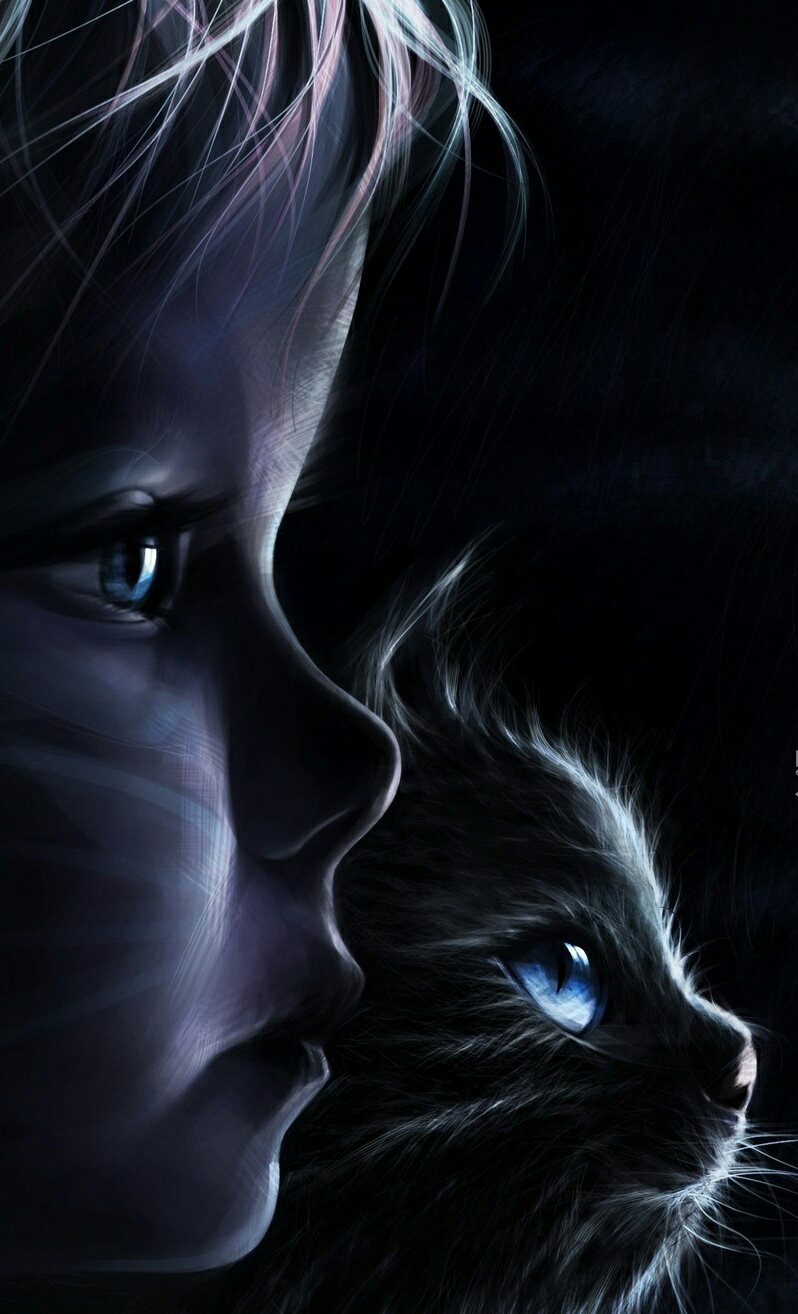 Фото Девочка и кот сидят в темноте