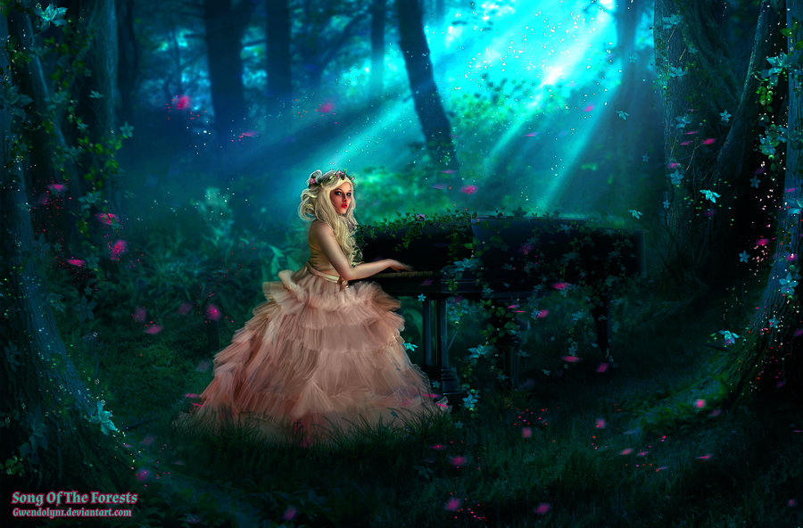 Фото Девушка в пышном платье сидит за роялем в лесу, by Gwendolyn1