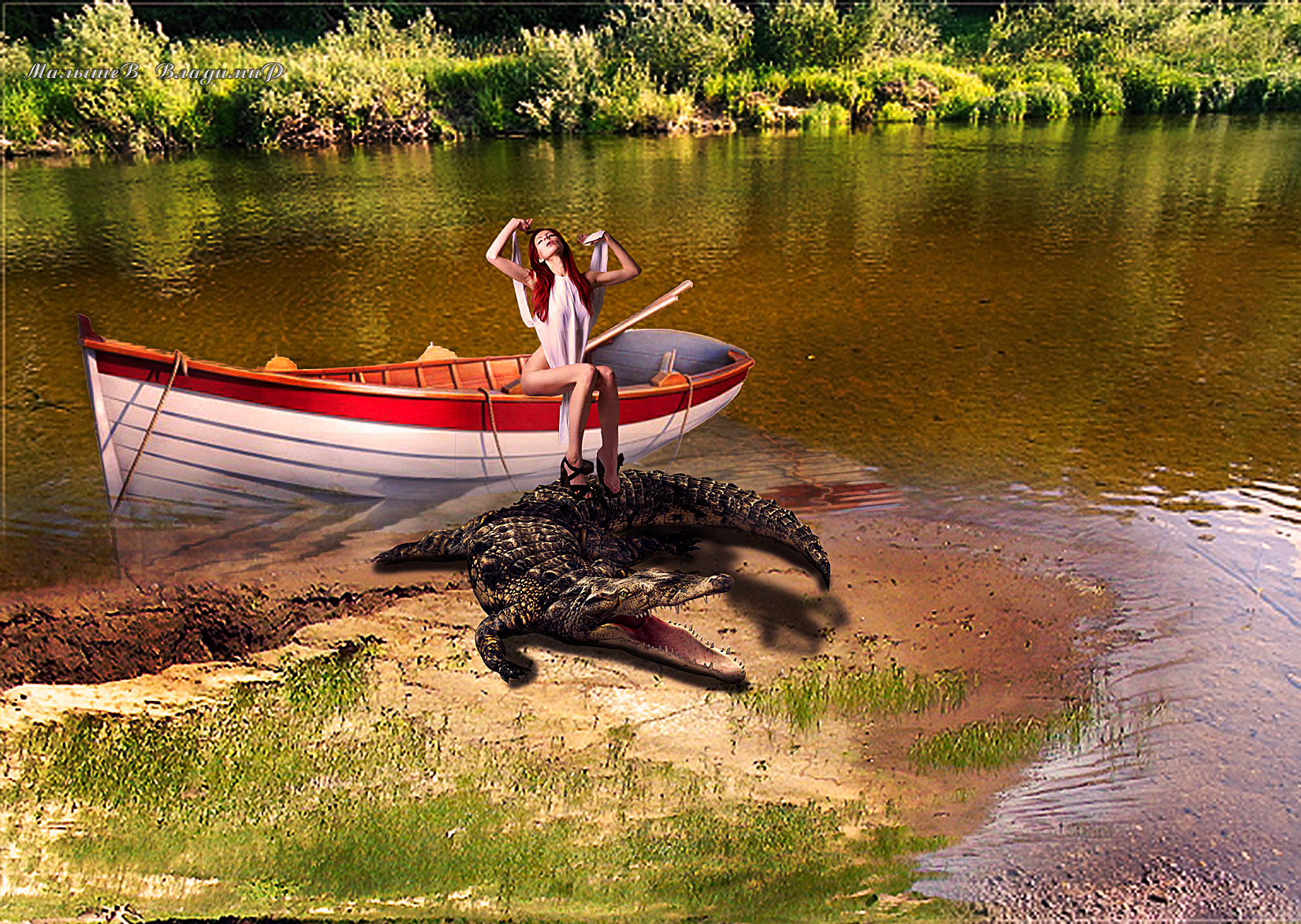 Фото Девушка проснувшись в лодке, подтягивается поставив ноги на рядом лежащего кракодила