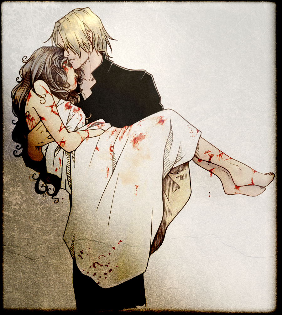 Фото Мужчина держит на руках беспомощную и раненую девушку в белом платье, испачканном в крови