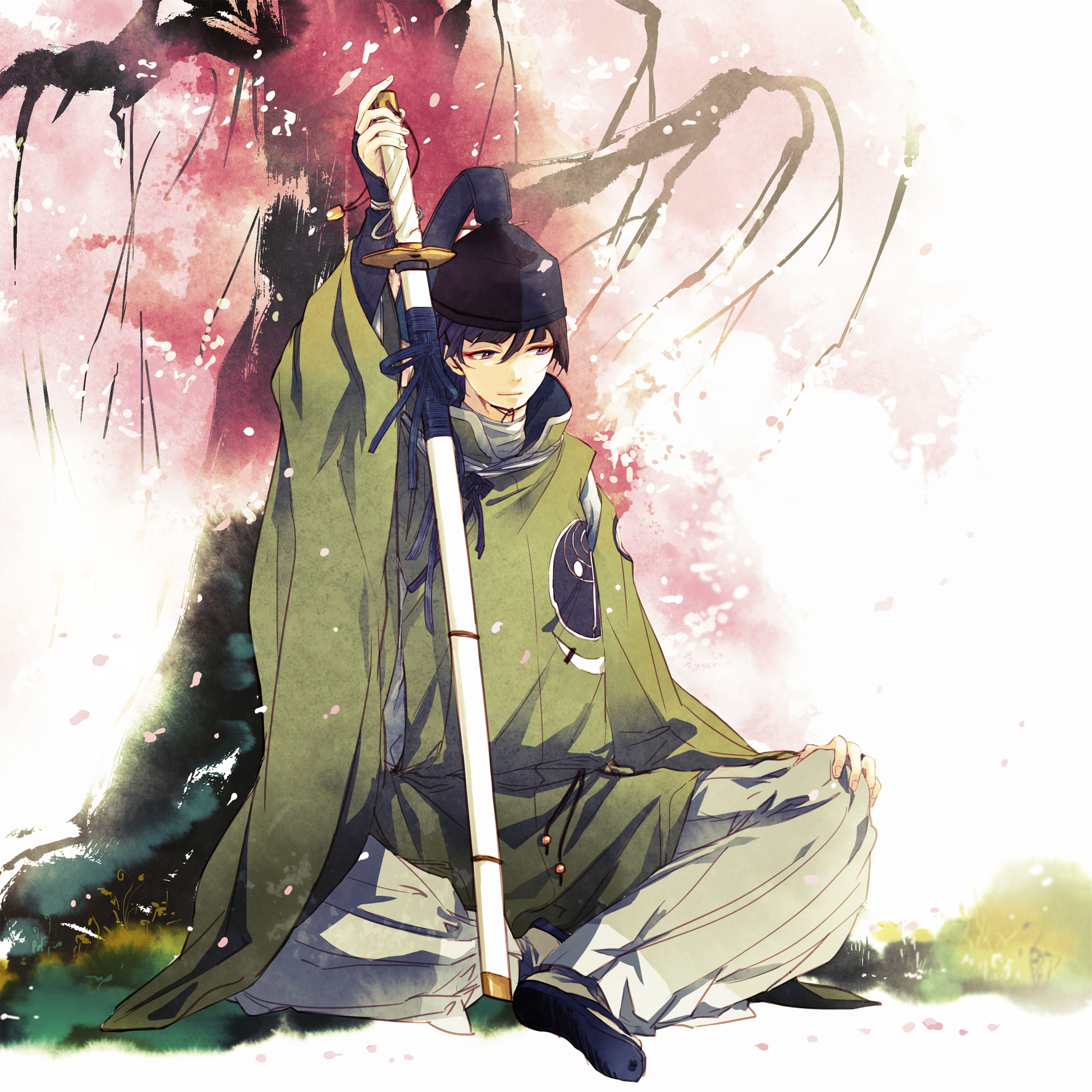Фото Ishikirimaru с катаной сидит под цветущей сакурой из игры Touken Ranbu / Танец мечей, art by Iwashi