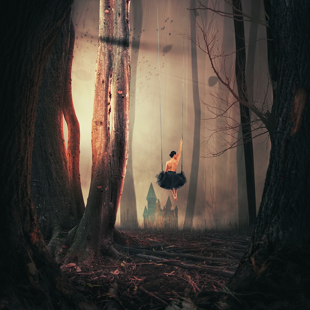Фото Девушка на качели в лесу, на фоне замка в тумане, автор Caras Ionut