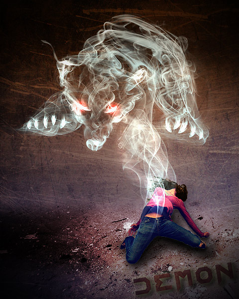 Фото Из девушки лежащей на землей идет дым в виде демона (Demon / Демон)