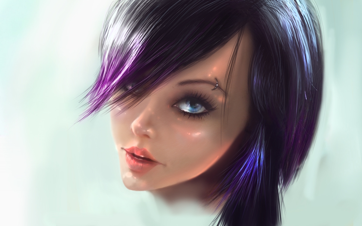 Фото Девушка с голубыми глазами, с фиолетовыми волосами, с пирсингом на брови на светлом фоне, by Neranu