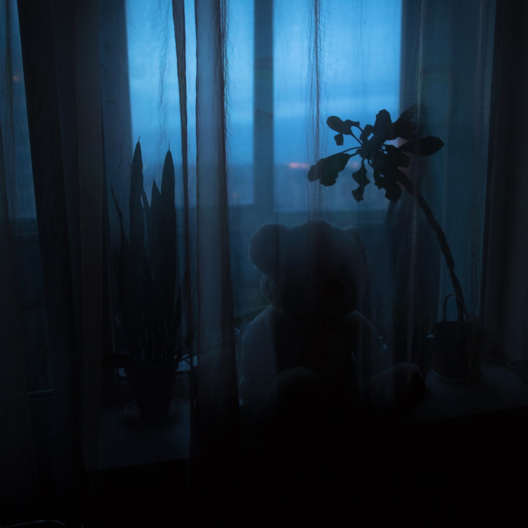 Фото В темноте за занавесками на подоконнике сидит плюшевый мишка