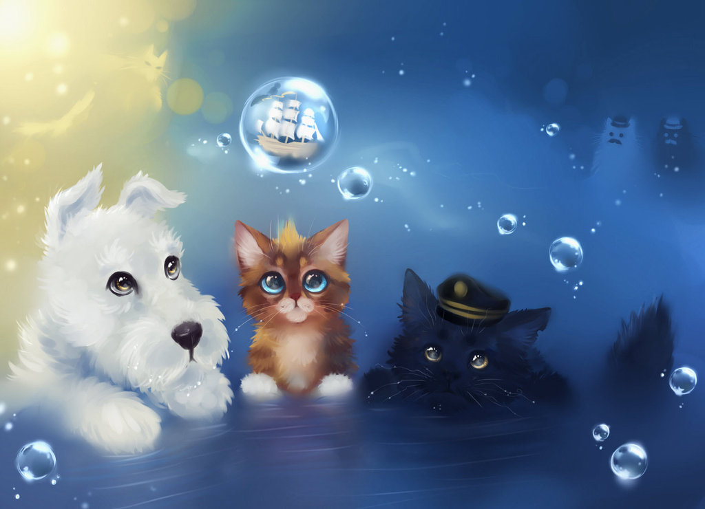 Фото Белый щенок, рыжий и черный котенок сидят в воде и смотрят на пузырь, внутри которого корабль с парусами