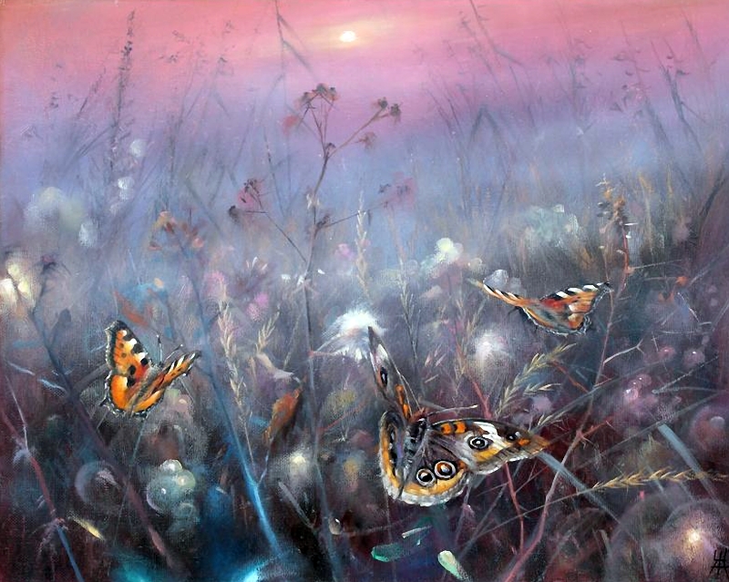 Фото Пестрые бабочки порхают над цветами в туманной дымке на фоне закатного неба. Художник Александр Желонкин