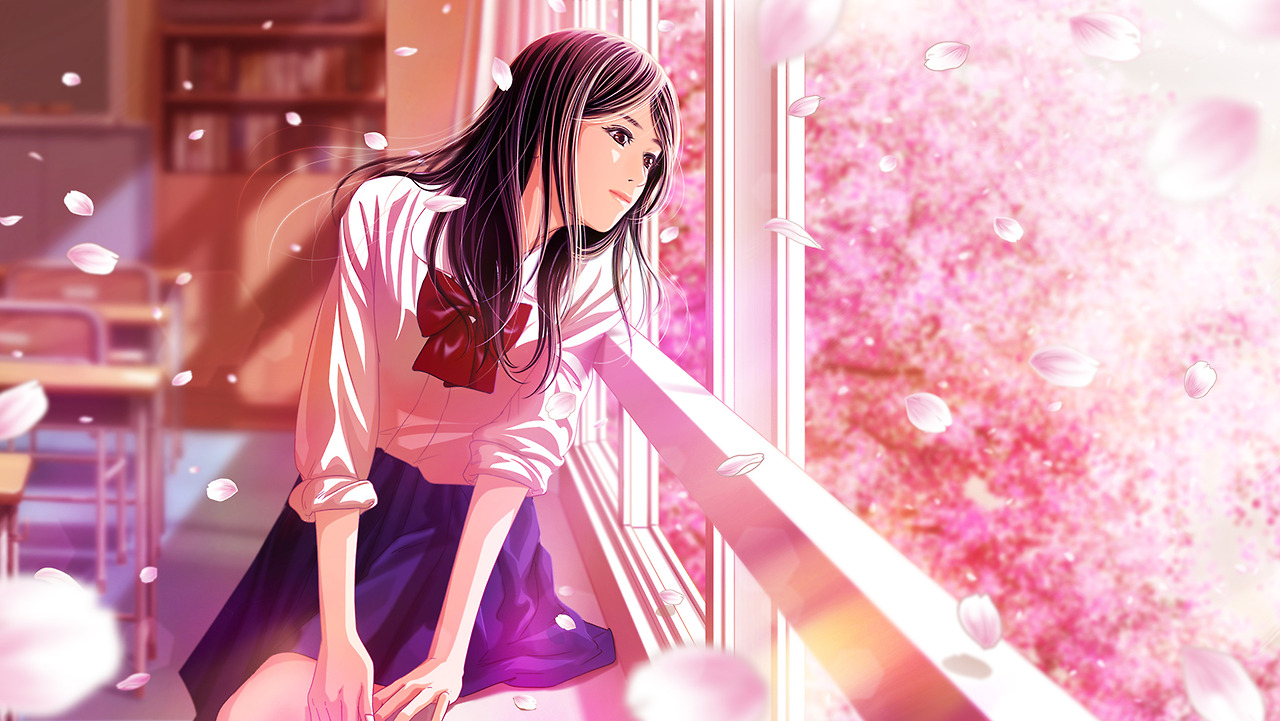 Фото Девушка смотрит в окно на падающие листья сакуры