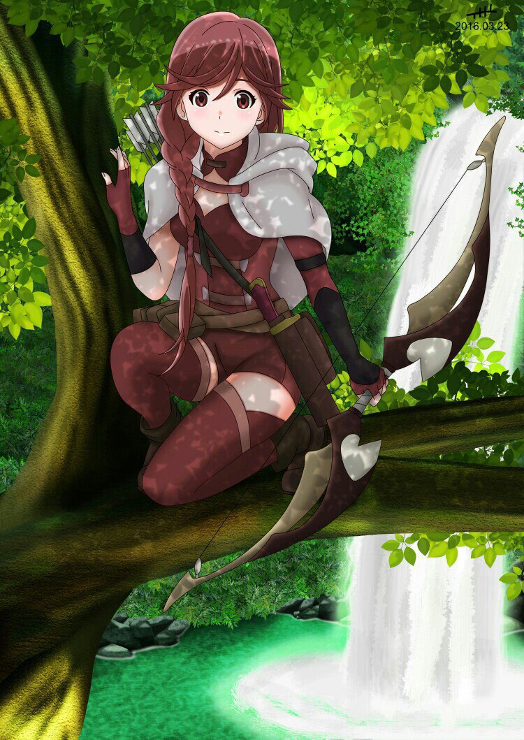Фото Девушка сидит на ветке дерева, в руках у нее лук, сзади находится водопад