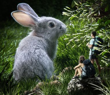Фото Мальчик с девочкой смотрят на большого кролика, by Dmitry Senichkin