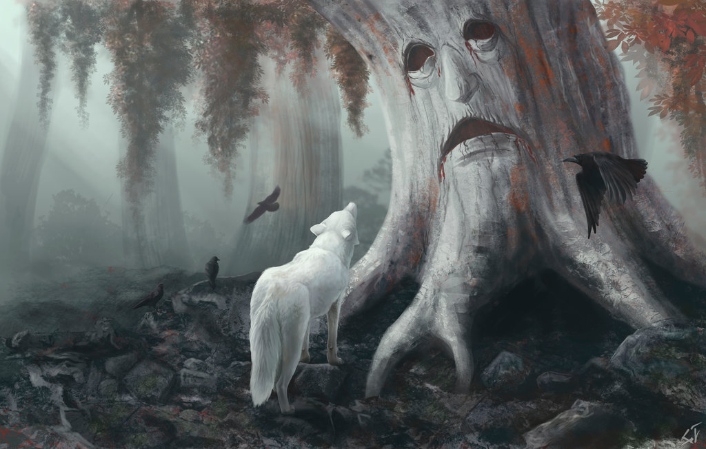 Фото Белый волк смотрит на дерево с грустным лицом, арт по сериалу Game of Thrones / Игра престолов, by IntoTheBear