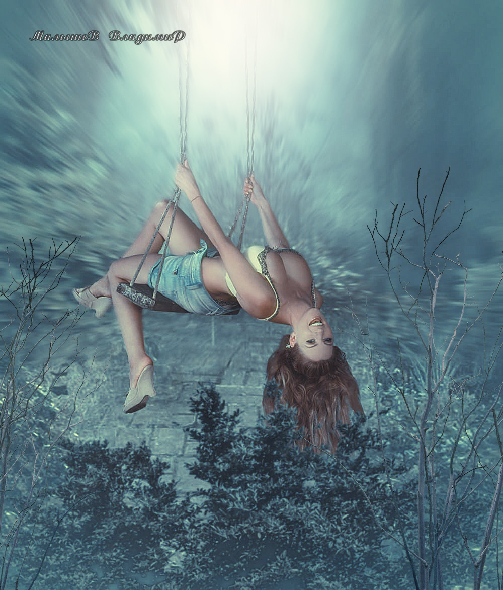Фото Девушка качается на качелях в бирюзовом лесу, by Милышев Владимир