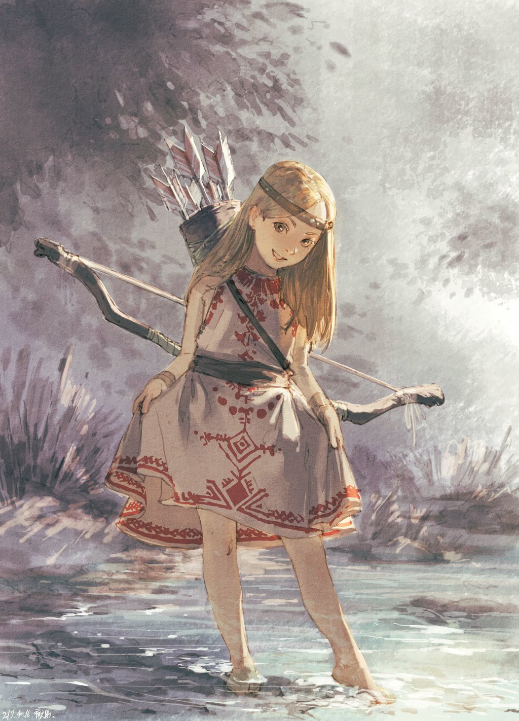 Фото Маленькая охотница с луком и стрелами за спиной стоит в воде, by rakugaki300page