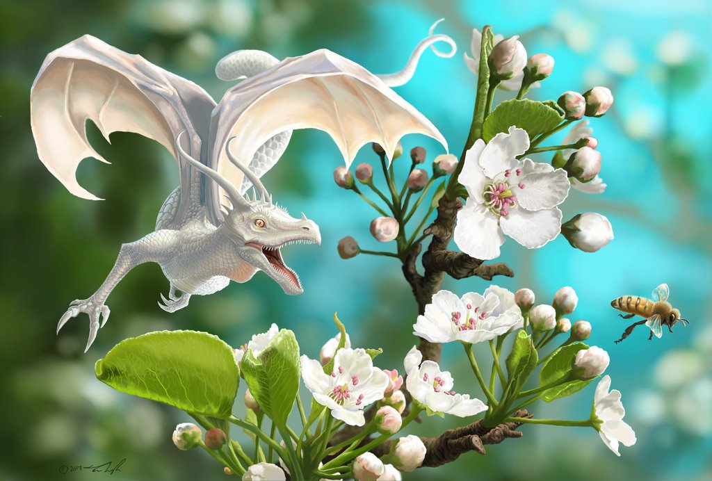Фото Белый дракон и пчела у ветки цветущей вишни, by jaxxblackfox